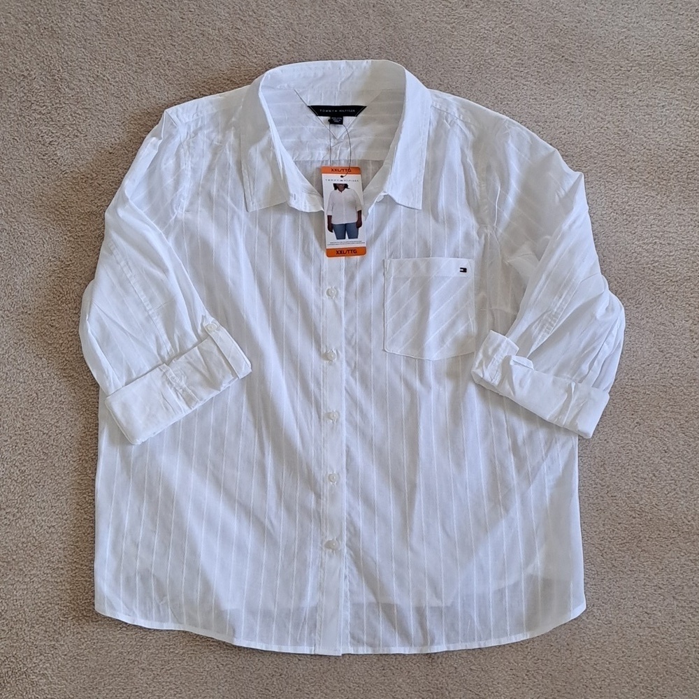 Tommy Hilfiger White Cotton Blouse Ladies XXL Roll Tab Long Sleeve Poplin Shirt - Picture 10 of 10